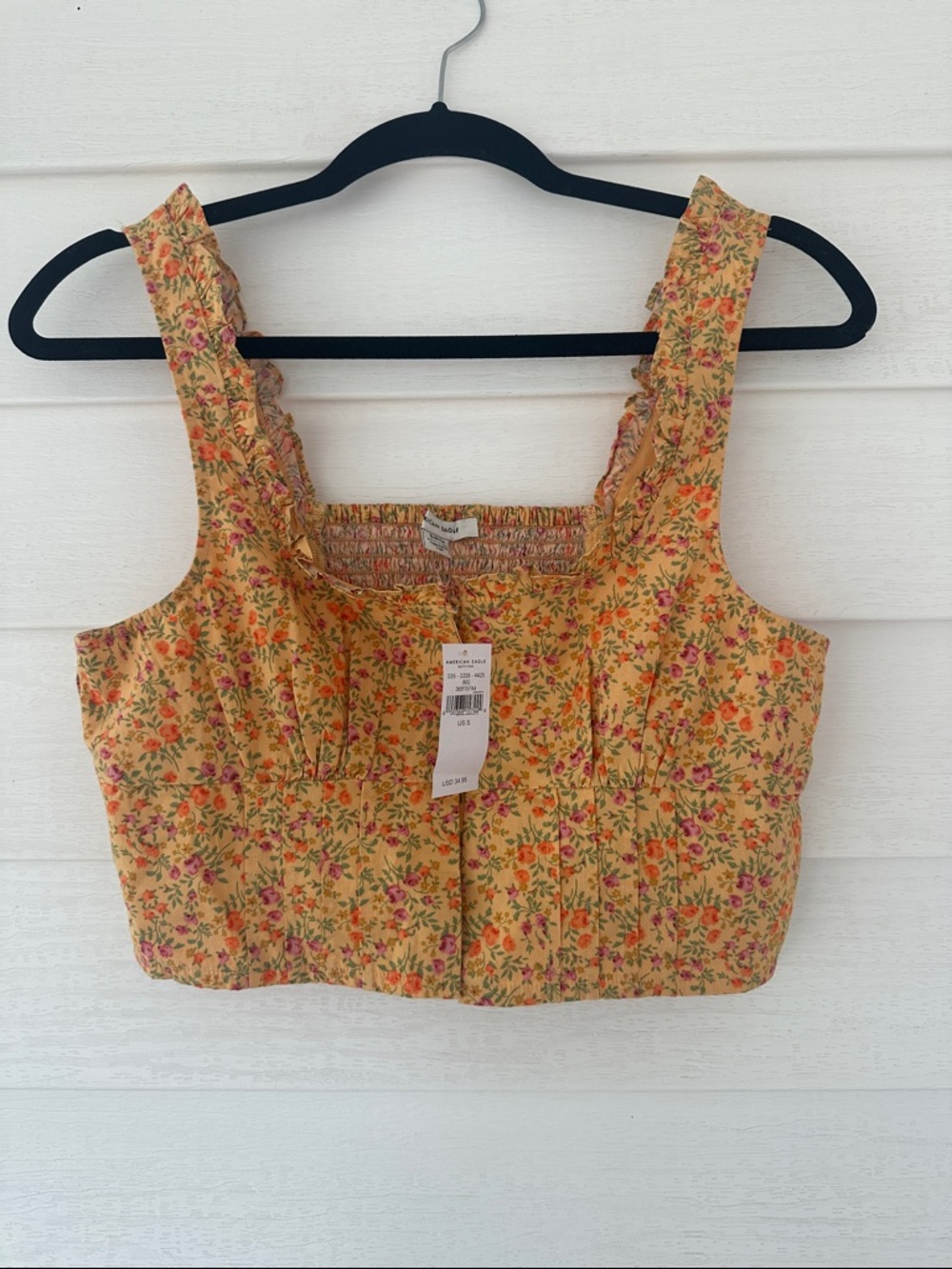 American Eagle Outfitters Yellow Floral Smocked Crop Top
